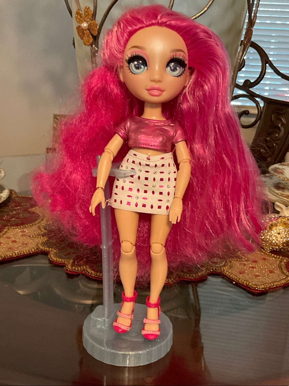 Rainbow Pink-Haired Fashion Doll with Shiny Top